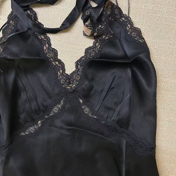 BEST Reformation Monica Silk Top Medium Black Noir Halter Lace Lux French - Picture 6 of 8